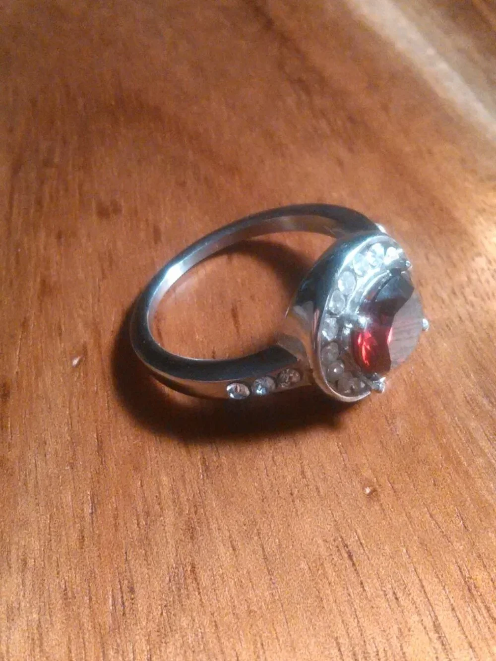 Simulated Ruby and White Crystal Silvertone Ring (Size 9.75)
